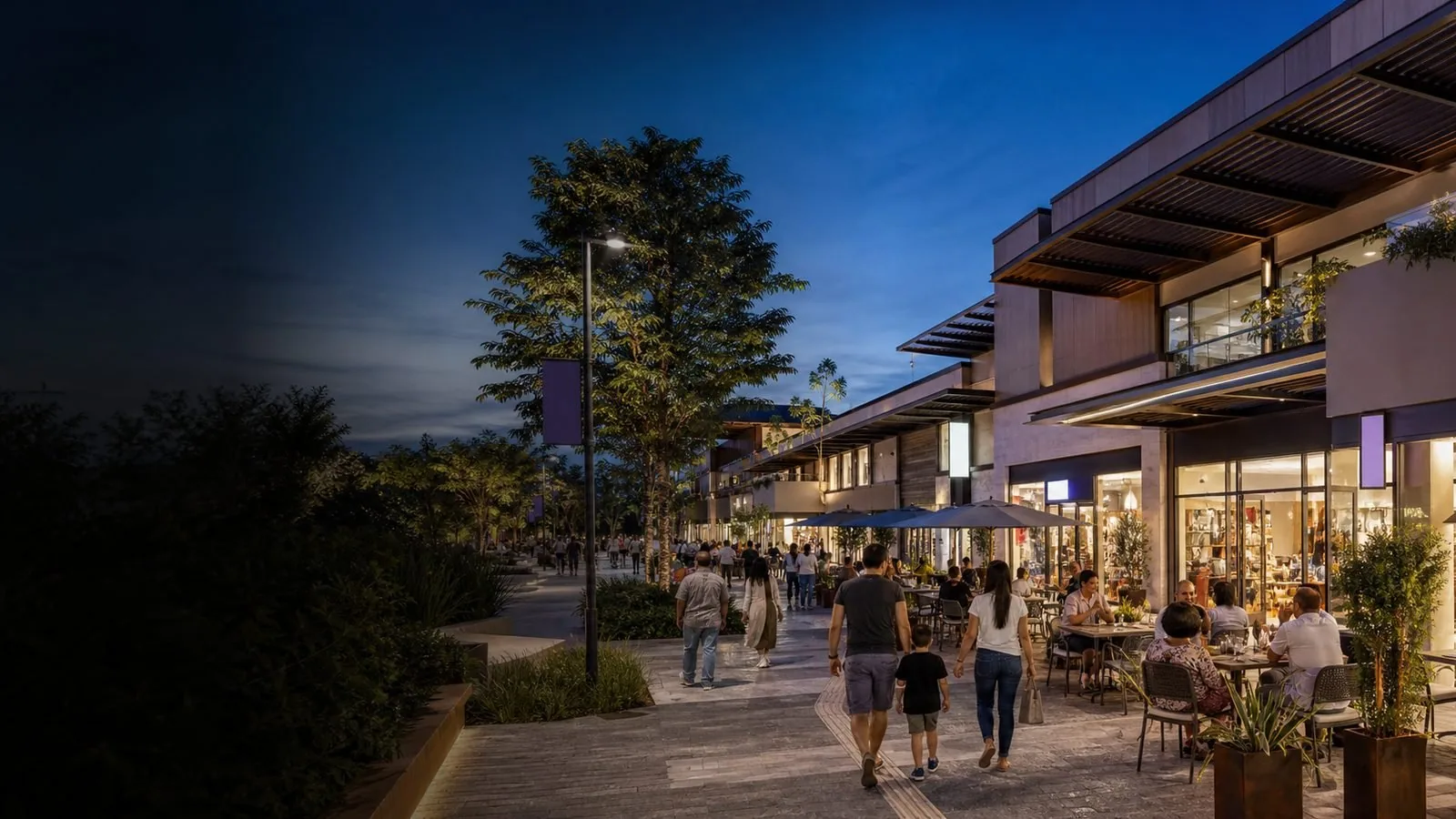 Open mall em funcionamento com lojas, gastronomia e circulação de clientes